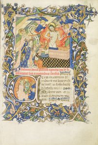 Roy 2 B I f.8 Figura coronada sostenida por un santo de barba gris arrodillado ante una imagen de Piedad, del Salterio de Humphrey Duque de Gloucester, c.1420-30 (vitela) de English School