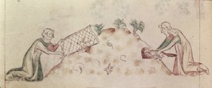 Roy 2 B VII f.155v Mujeres atrapando un conejo con una red y un hurón, del 