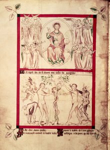 Roy 2 B VII f.3v Dios en una mandorla rodeado de ángeles músicos, Tentación de Eva, del Salterio de la Reina María, c.1310-20 (vitela) de English School