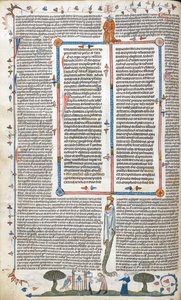 Royal 10 E. IV, f.30v, Texto y escena de bas-de-page de un hombre y una mujer fuera de un edificio, de 