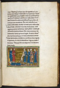 Real 12 F.XIII, f.33 Perro identificando a un asesino.  , de Bestiario (ff. 3-141), Lapidario (ff. 141v-149)  , segundo cuarto del siglo XIII (vitela)