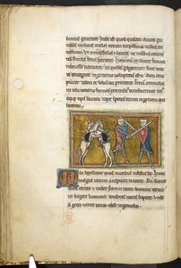 Real 12 F.XIII, f.42v Dos caballeros que luchan a pie con espadas, mientras sus caballos luchan entre sí sobre las patas traseras. , de Bestiario (ff. 3-141), Lapidario (ff. 141v-149)  , segundo cuarto del siglo XIII (vitela) de English School