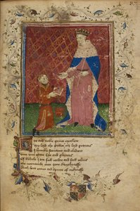 Real 17 D. VI, f.40 Thomas Hoccleve arrodillado en el acto de ofrecer su libro al rey Enrique V, ilustración de 