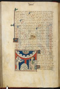 Real 19 B.XV, f.17v La boca de un león y sobre un arco invertido de nube seis cabezas que representan los siete truenos: abajo, a la izquierda, el ángel, y a la derecha, Juan a punto de escribir en el libro, de 