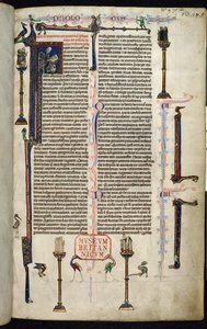 Real 1 D I, f.1r, Jerónimo, frailes sobre columnas, de la Biblia de Guillermo de Devon (vitela) de English School