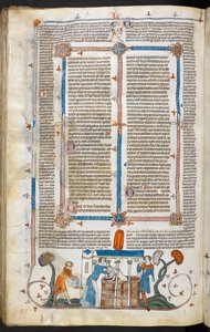 Royal MS 10 IV f.297v Bañando a una víctima de peste y decoración marginal, ilustración de 