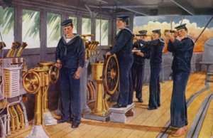 Cuartel naval real, Chatham: con la flota, observando los movimientos del buque insignia desde el puente delantero (litografia en color) de English School