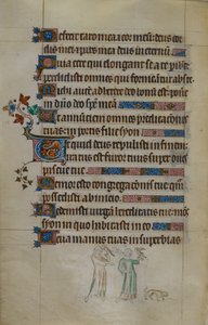 Royal ms 2_B VII f.177v Bas-de-page escena de dos mujeres que llevan halcones y un pequeño perro delante de ellas, con una inicial habitada, ilustración del 