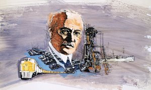 Rudolf Diesel contra el fondo de trenes, barcos y muelles