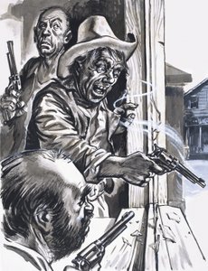 Vaqueros rufianes disparando desde la ventana de English School