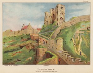 Torre del homenaje en ruinas del castillo de Scarborough (litografía en color)