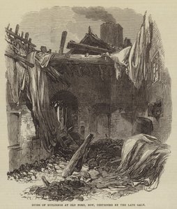 Ruinas de edificios en Old Ford, Bow, destruidos por el reciente vendaval de English School