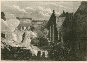 Ruinas del interior del Teatro de Su Majestad, Haymarket, Londres, después del incendio de English School
