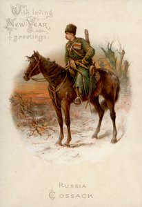 Cosaco ruso a caballo: Tarjeta de felicitación de Año Nuevo (cromolito) de English School
