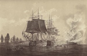Buque ruso Vsevolod destruido en presencia de la flota rusa después de la acción con el HMS Implacable, adjunto a la Armada Sueca y comandado por el Capitán Thomas Byam Martin, en el Báltico, 26 de agosto de 1808 de English School