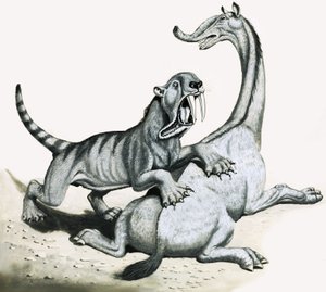 Tigre dientes de sable atacando a una criatura prehistórica no identificada