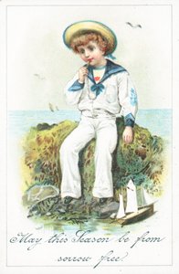 Niño marinero sentado en las rocas, tarjeta de Navidad de English School