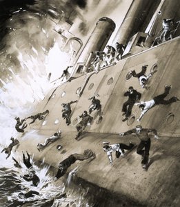 Marineros escapando del HMS Natal que se incendió en Cromerty Firth en 1915 de English School