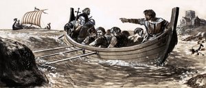 San Malo escapa de los vikingos saqueadores (gouache sobre papel) de English School