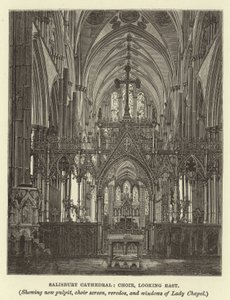 Catedral de Salisbury, coro, mirando al este, mostrando el nuevo púlpito, pantalla del coro, retablo y ventanas de la Capilla de la Virgen de English School