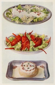Mayonesa de salmón; Ensalada de bogavante; Soufflé de pescado (litografía en color) de English School