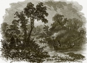 Indios Salteaux pescando con fuego de English School