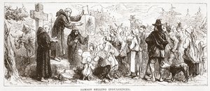 Sansón vendiendo indulgencias, ilustración de La Historia del Protestantismo de James Aitken Wylie, pub. 1878