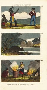 Samuel Hearne observando a un tragasables nativo americano, castor norteamericano, Castor canadensis, e indios hirviendo agua en un barril de madera con piedras calientes de English School