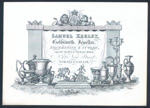 Samuel Keeley, orfebre, joyero, platero y cuchillero, tarjeta comercial de English School