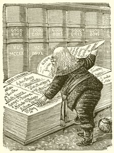 Santa Claus buscando en su diario los nombres de los niños que han sido buenos desde la última Navidad de English School