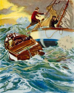 Escena de Four Valves and Sheila: una mujer salta de una lancha motora a un yate con mar gruesa (litografía en color)
