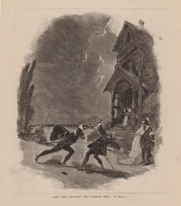 Escena de la nueva ópera parisina de Salvayre "Le Bravo" (grabado) de English School