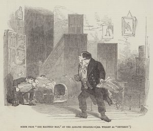 Escena de "The Haunted Man", en el Teatro Adelphi, Mr Wright como "Tetterby" (grabado) de English School