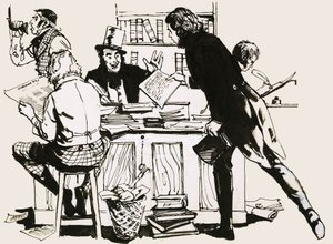 Escena de la oficina de un editor de periódico antiguo