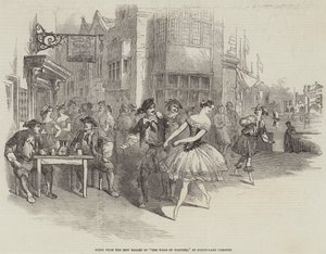 Escena del Nuevo Ballet de "The Wags of Wapping," en el Teatro Drury-Lane (grabado) de English School
