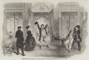 Escena del nuevo drama "El genio maligno," en el Teatro Haymarket (grabado) de English School