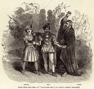 Escena de la ópera "Guillaume Tell" en el Teatro Covent Garden (grabado)