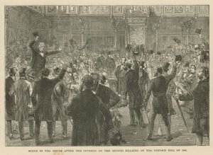 Escena en la Cámara de los Comunes después de la votación sobre la segunda lectura del Proyecto de Ley de Reforma de 1866 de English School