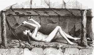 Escena en el interior de una mina de carbón inglesa, principios del siglo XIX (grabado)