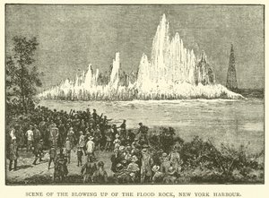 Escena de la Explosión de Flood Rock, Puerto de Nueva York (grabado) de English School