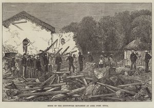Escena de la explosión de pólvora en el Fuerte de Agra, India (grabado) de English School
