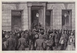 Escena fuera del Banco Birkbeck, Londres, durante la crisis de la sociedad de construcción de 1892