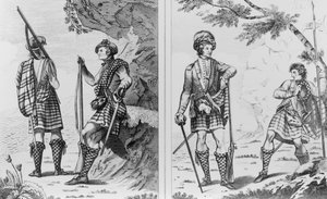 Soldados escoceses de las Tierras Altas y un oficial y sargento de las Tierras Altas de English School