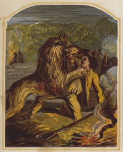 El misionero escocés David Livingstone atacado por un león en África (cromolito) de English School