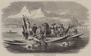 Pesca de focas en Kingigtorssuak, Groenlandia (grabado) de English School