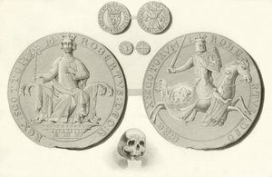 Sellos, monedas y cráneo del rey Roberto Bruce de English School