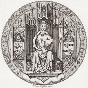 Sello de Robert Stewart, duque de Albany, c. 1340 1420. Miembro de la casa real escocesa, regente, gobernador de Escocia, duque de Albany, conde de Fife y Menteith. De Iconographia Scotica or Portraits of Illustrious Persons of Scotland, publicado en 1797. de English School