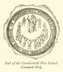Sello de la Escuela Libre de Camberwell, Fundada en 1615 de English School