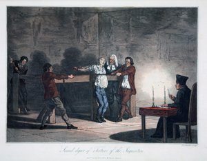 Segundo grado de tortura de la Inquisición, grabado por L.C. Stadler, publicado por Cadell & Davies, Londres, c.1813 (grabado en color) de English School