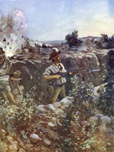 Segundo Teniente Hugo Throssell sosteniendo parte de una trinchera turca capturada contra los contraataques del enemigo, Colina 60, Gallipoli, 29 de agosto de 1915 de English School